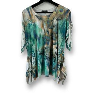 Sea & Anchor Size L Peacock Print Asymmetrical Top Blue Green Artsy Animal Print